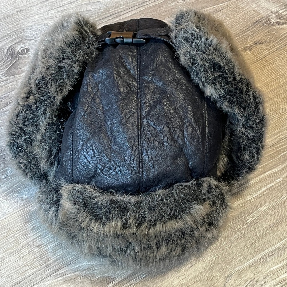 Wild Wear Black Faux Leather Faux Fur Trapper Aviator Hat One Size OSFM